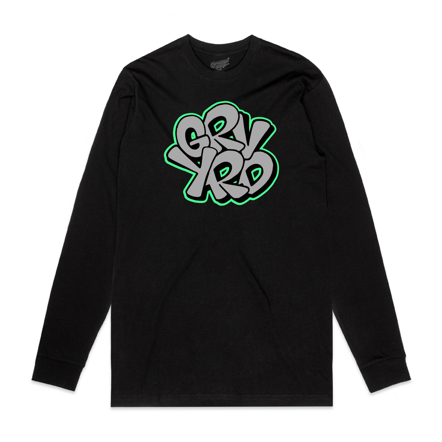 black long sleeve shirt, GRYRD long sleeve, screen printed long sleeve, skateboarding long sleeve, graffiti artist shirt, San Francisco Bay Area long sleeve, hand screen printed shirt, urban art clothing, skateboarding apparel, streetwear long sleeve, graffiti clothing, artistic long sleeve design, high-quality cotton long sleeve, durable long sleeve for skaters, stylish skateboarding shirt, unique long sleeve design, premium streetwear