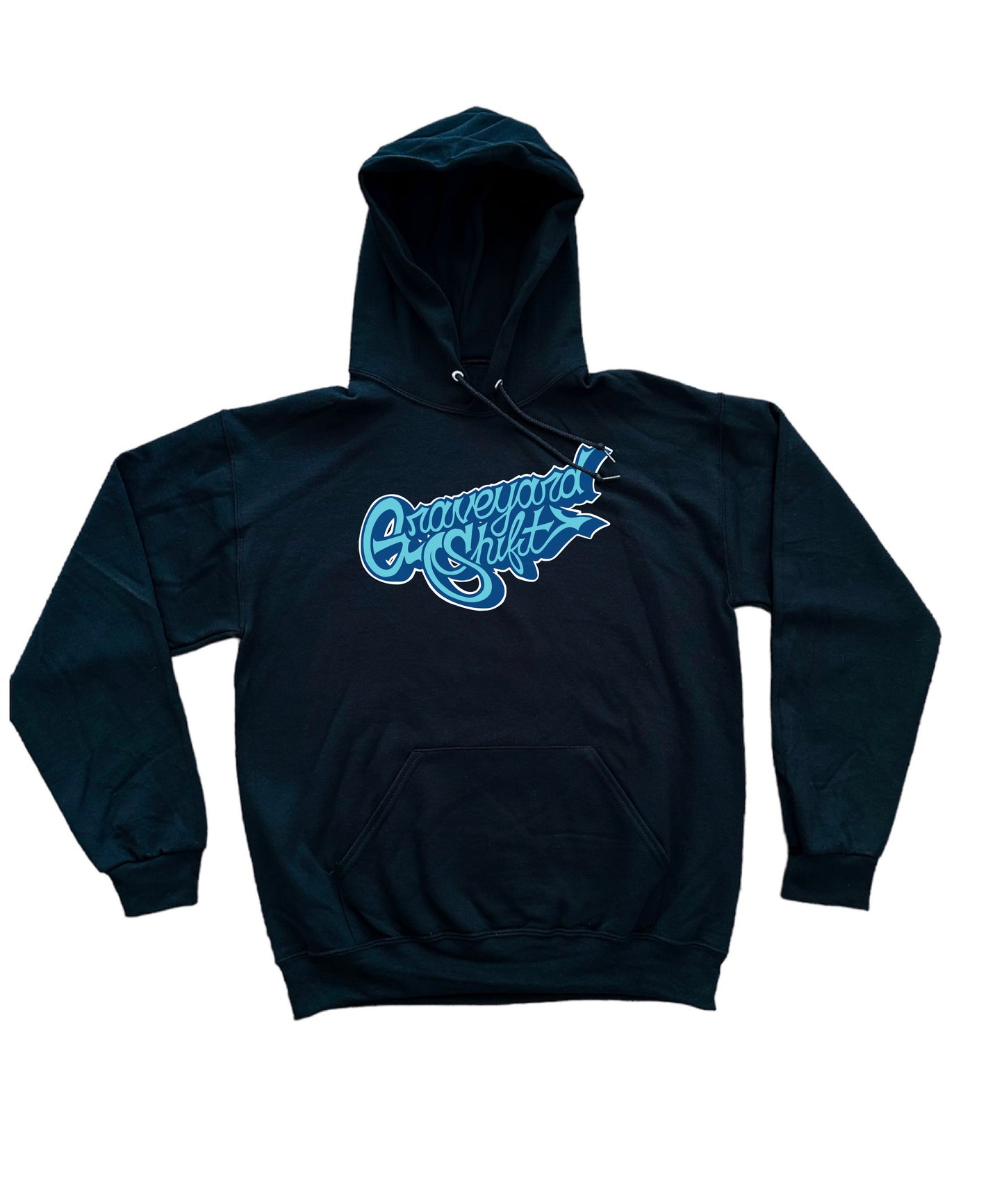 black sweatshirt, Graveyard Shift , screen printed sweatshirt, skateboarding sweatshirt, hand screen printed sweatshirt, urban art clothing, blue script logo sweatshirt, durable skateboarding sweatshirt