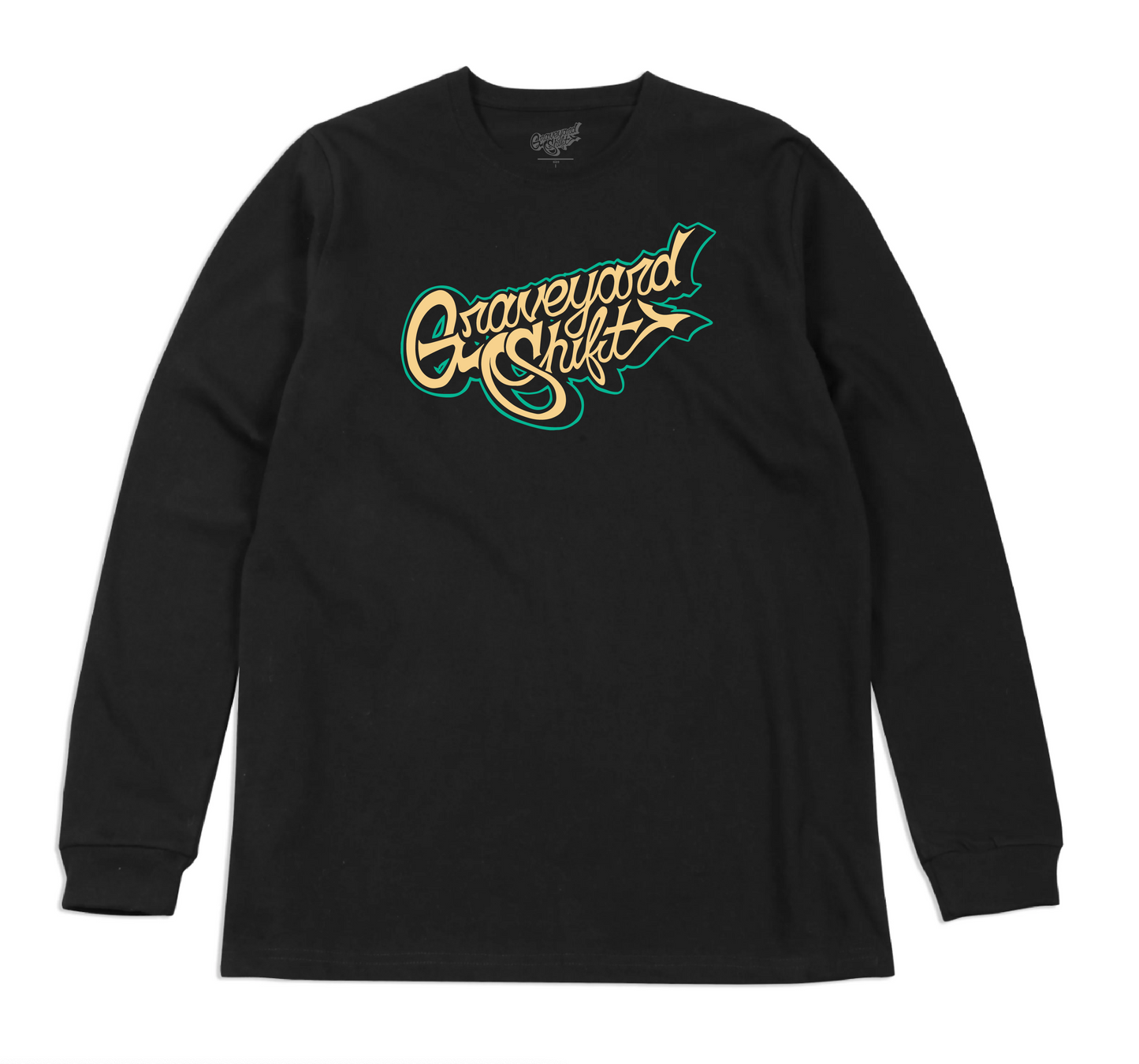 black long sleeve shirt, Graveyard Shift long sleeve, screen printed long sleeve, skateboarding long sleeve, graffiti artist shirt, San Francisco Bay Area long sleeve, hand screen printed shirt, urban art clothing, skateboarding apparel, streetwear long sleeve, graffiti clothing, artistic long sleeve design, high-quality cotton long sleeve, durable long sleeve for skaters, stylish skateboarding shirt, unique long sleeve design, premium streetwear, bold script logo long sleeve