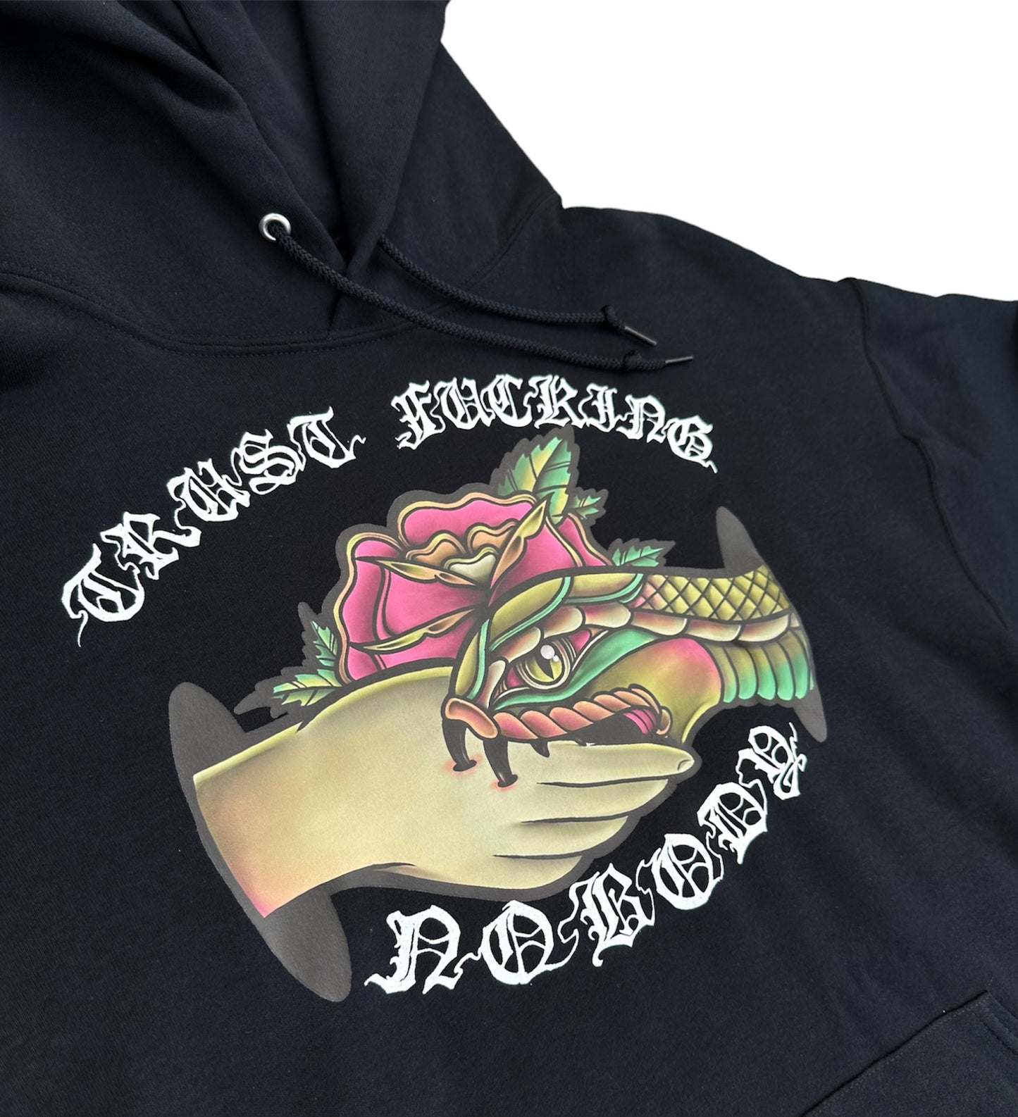 close up view, graveyard shift, black hoodie, screen printed hoodie, Trust No One hoodie, tattoo design hoodie, snake and rose hoodie, San Francisco Bay Area hoodie, hand screen printed hoodie, urban art clothing, skateboarder hoodie, graffiti artist hoodie
