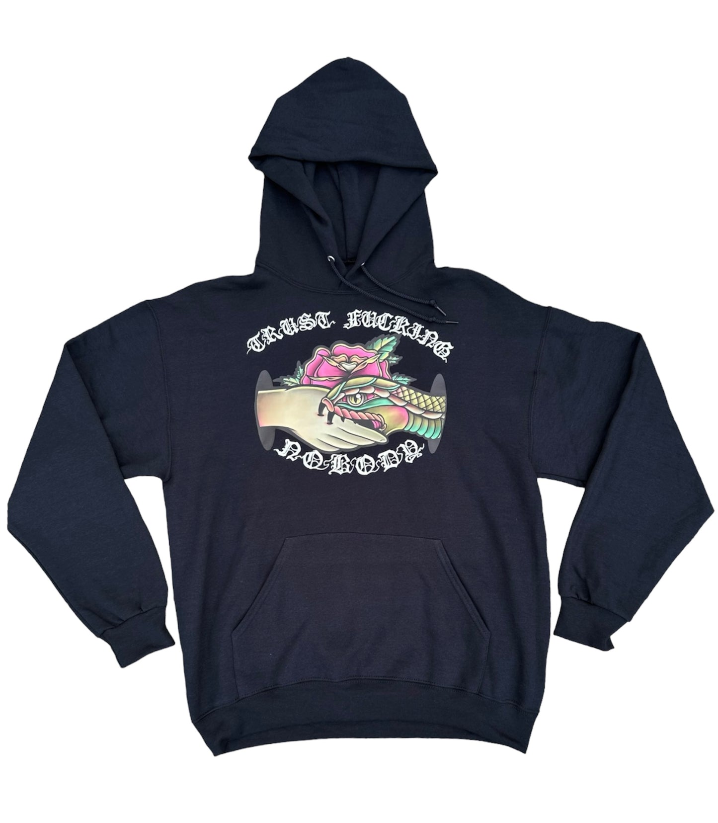 graveyard shift, black hoodie, screen printed hoodie, Trust No One hoodie, tattoo design hoodie, snake and rose hoodie, San Francisco Bay Area hoodie, hand screen printed hoodie, urban art clothing, skateboarder hoodie, graffiti artist hoodie
