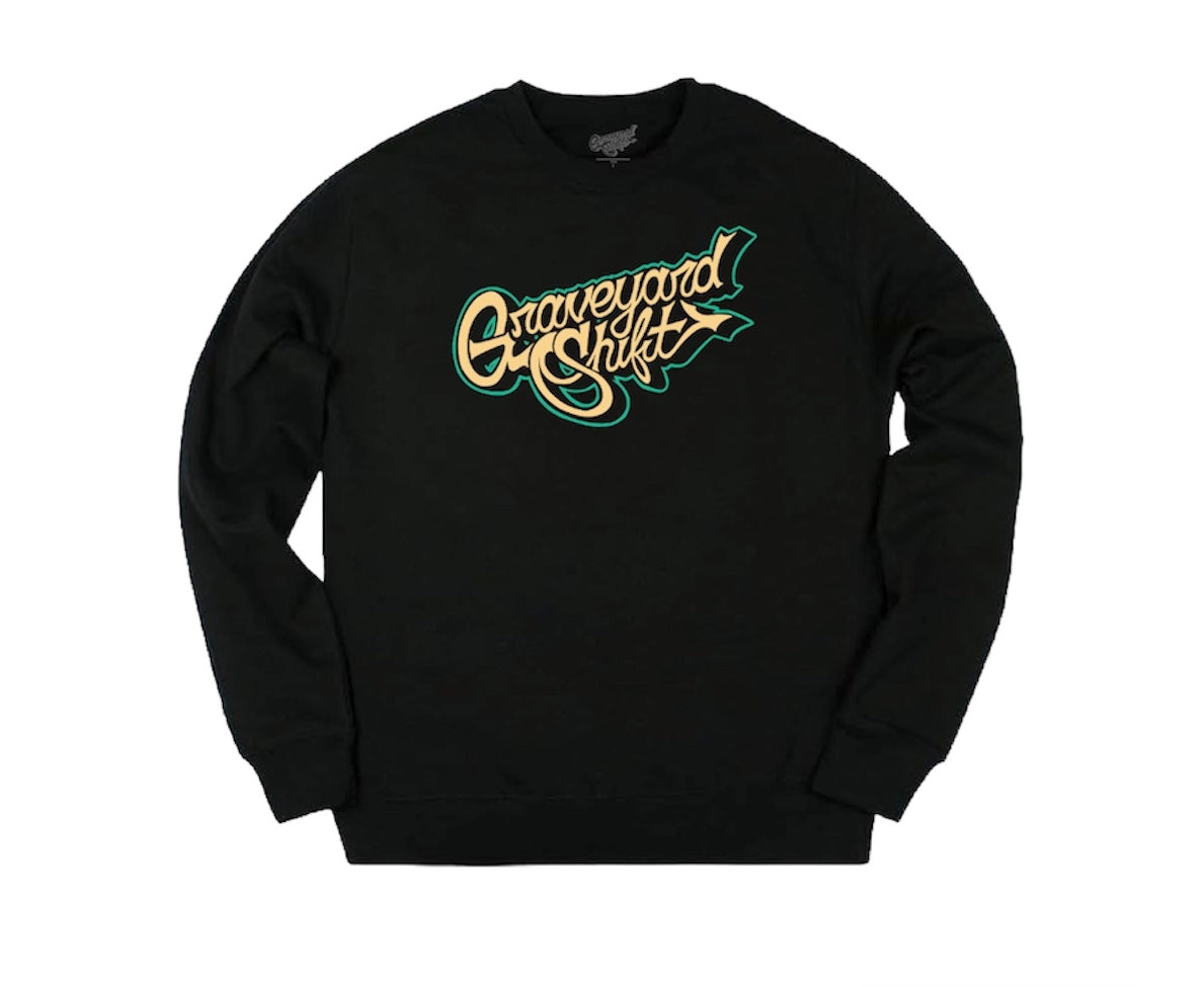 black crewneck, Graveyard Shift crewneck, screen printed crewneck, skateboarding crewneck, graffiti artist crewneck, San Francisco Bay Area crewneck, hand screen printed sweatshirt, urban art clothing, khaki script logo crewneck, durable skateboarding crewneck
