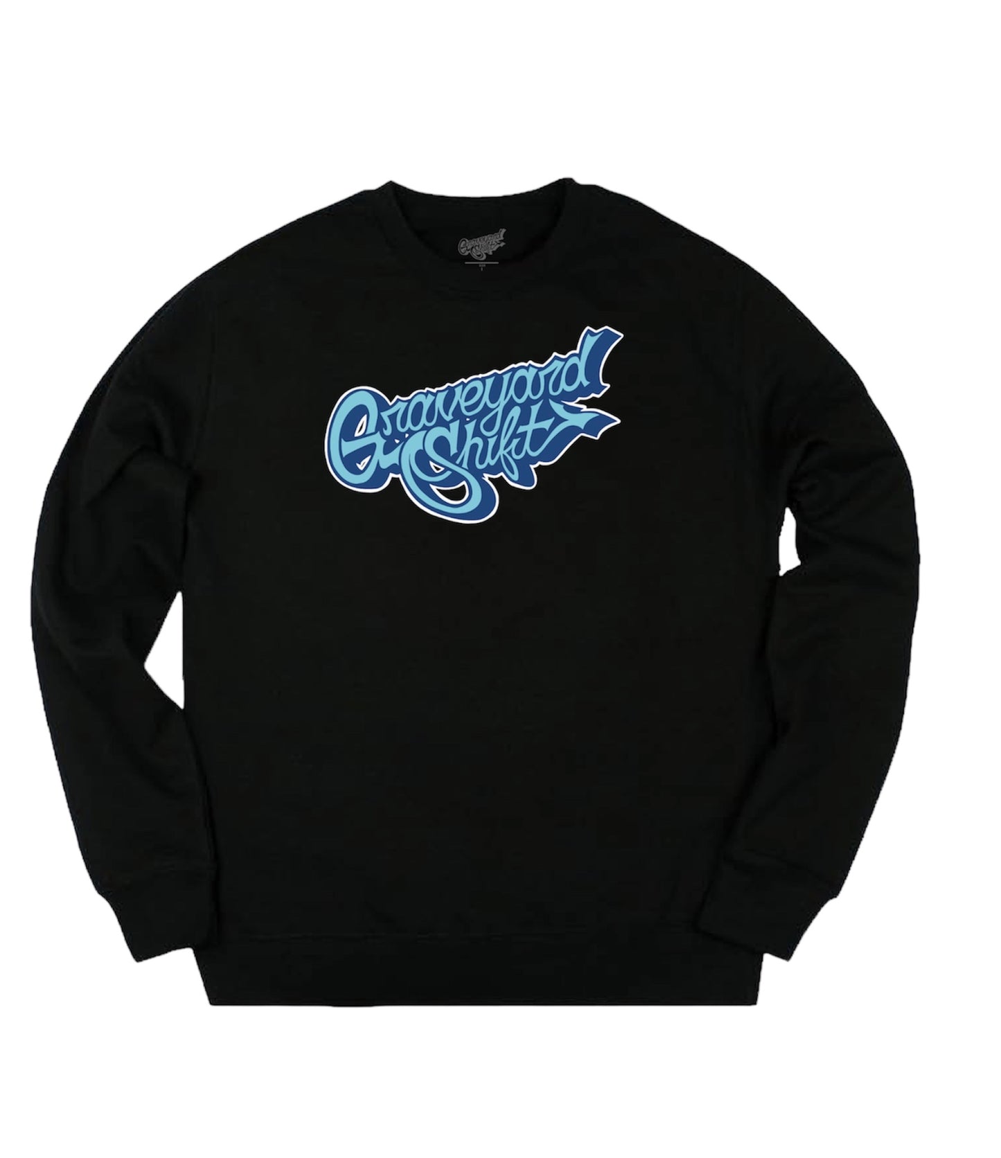 black crewneck, Graveyard Shift crewneck, screen printed crewneck, skateboarding crewneck, graffiti artist crewneck, San Francisco Bay Area crewneck, hand screen printed sweatshirt, urban art clothing, blue script logo crewneck, durable skateboarding crewneck