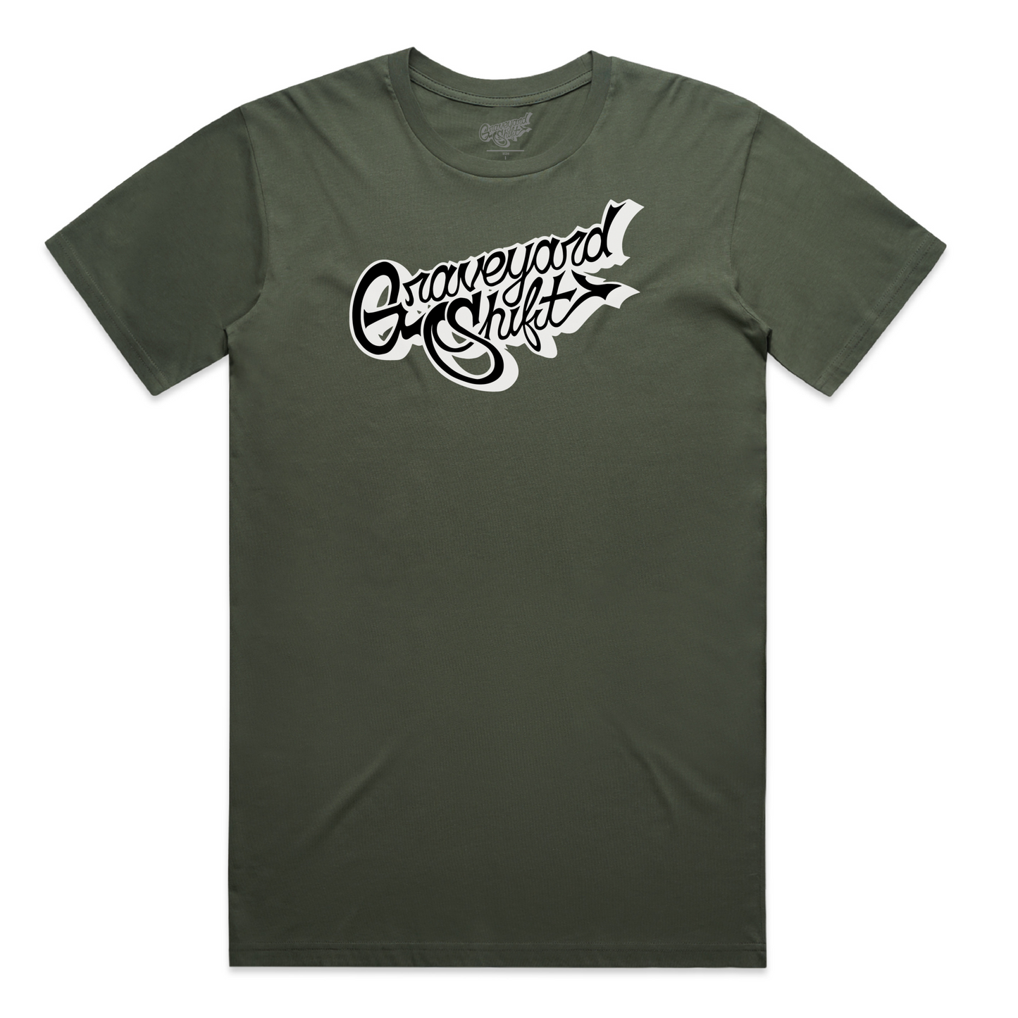 green t-shirt, Graveyard Shift t-shirt, screen printed t-shirt, skateboarding t-shirt, graffiti artist t-shirt, San Francisco Bay Area t-shirt, hand screen printed t-shirt, urban art clothing, bold script logo t-shirt, durable skateboarding tee