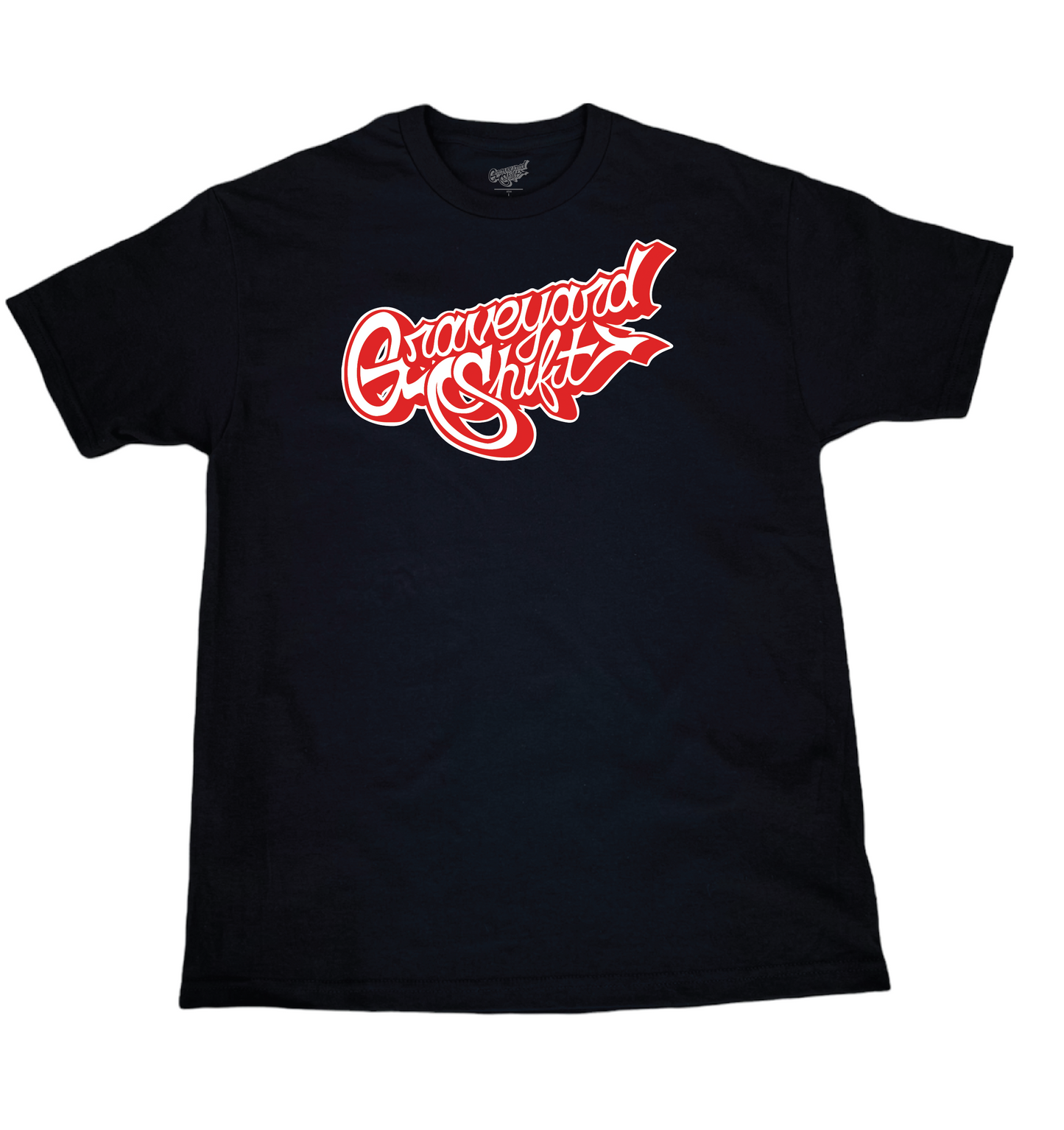 black t-shirt, Graveyard Shift t-shirt, screen printed t-shirt, skateboarding t-shirt, graffiti artist t-shirt, San Francisco Bay Area t-shirt, hand screen printed tee, urban art clothing, red and white script t-shirt, durable skateboarding tee