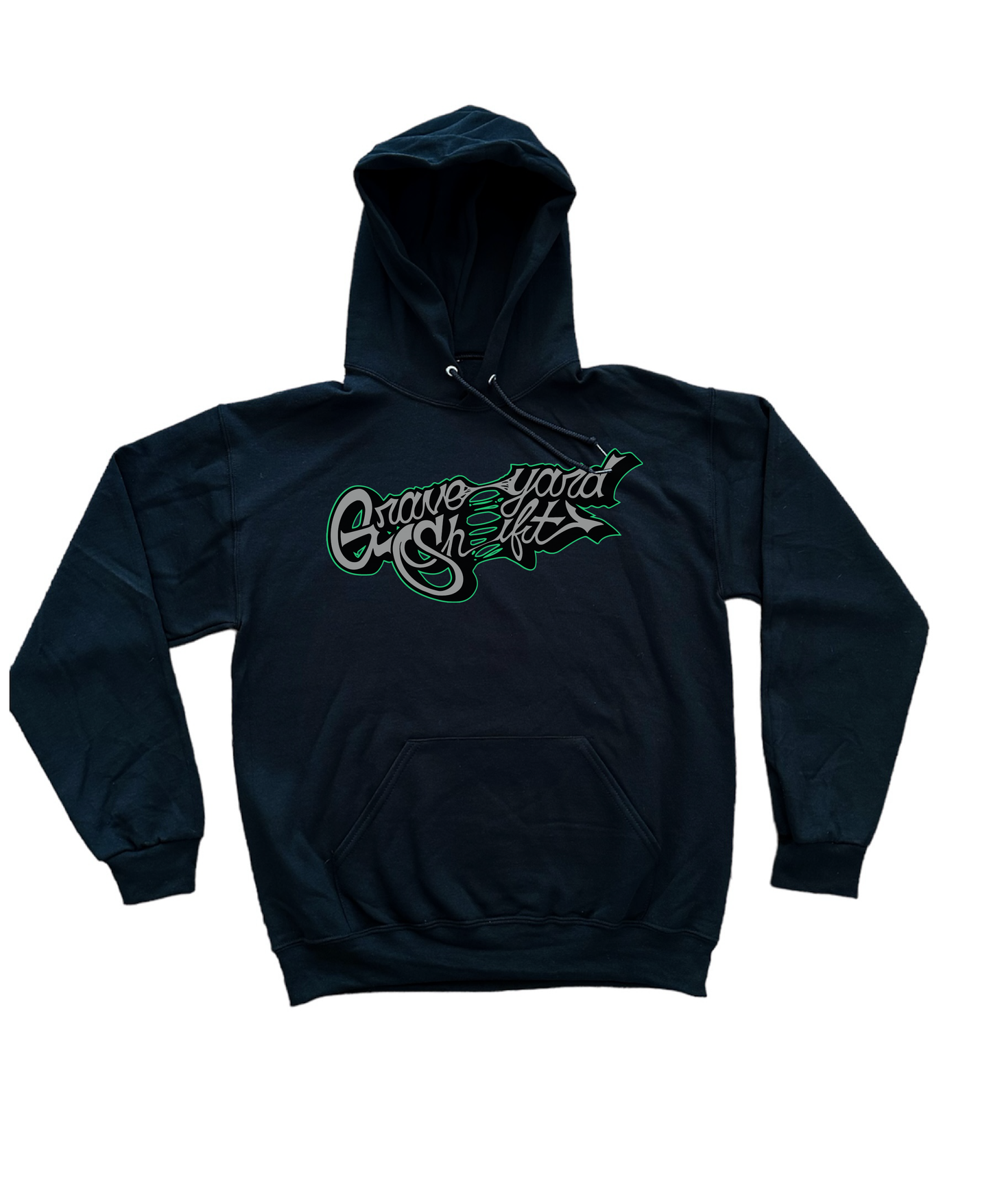 black hoodie, Graveyard Shift hoodie, screen printed hoodie, skateboarding hoodie, graffiti artist hoodie, San Francisco Bay Area hoodie, hand screen printed hoodie, urban art clothing, bold green script hoodie, durable skateboarding hoodie