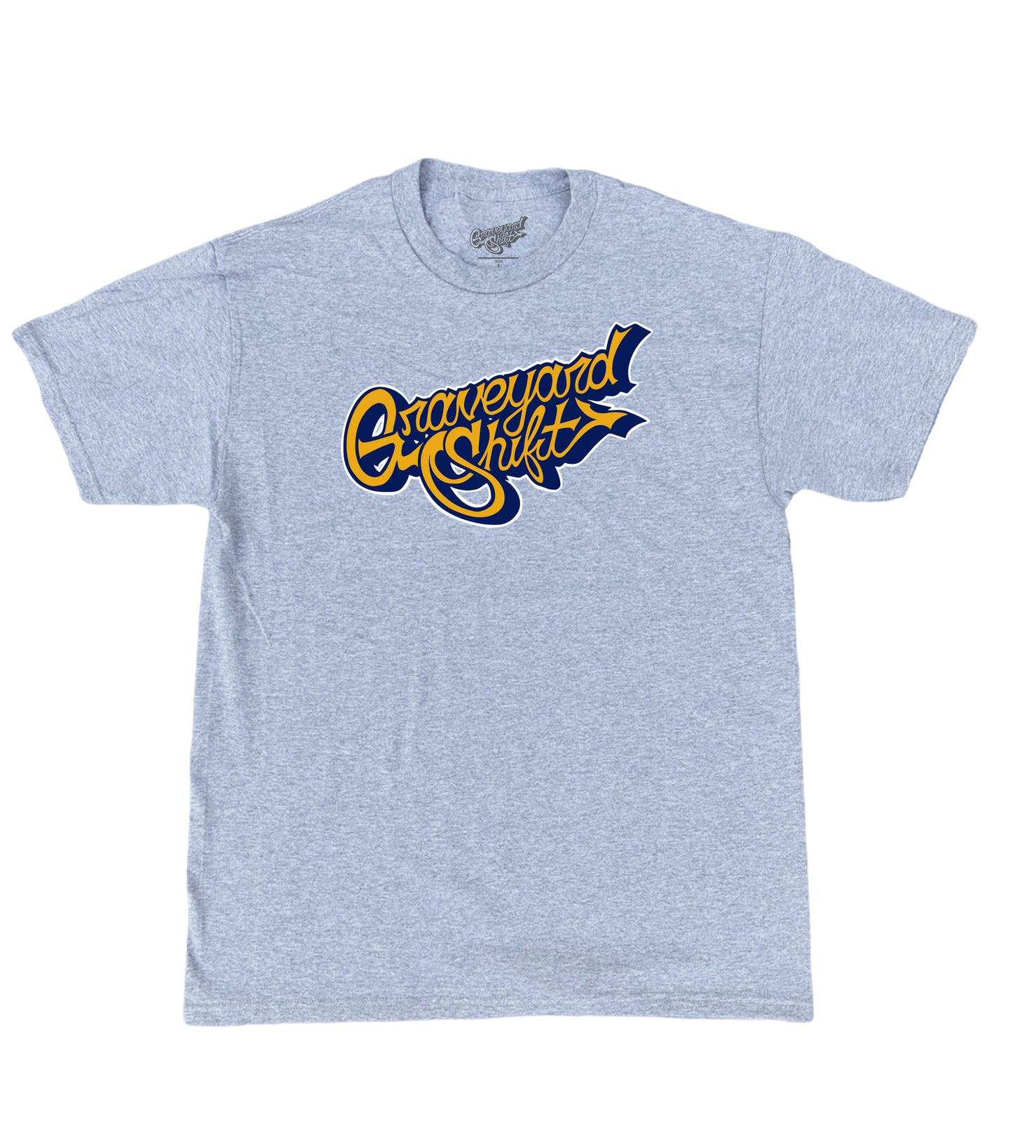 gray t-shirt, Graveyard Shift t-shirt, screen printed t-shirt, skateboarding t-shirt, graffiti artist t-shirt, San Francisco Bay Area t-shirt, hand screen printed tee, urban art clothing, blue and gold script t-shirt, durable skateboarding tee