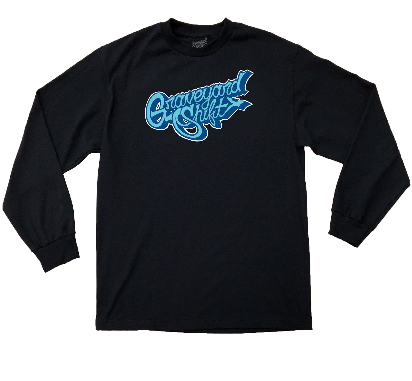 black long sleeve shirt, Graveyard Shift long sleeve, screen printed long sleeve, skateboarding long sleeve, graffiti artist shirt, San Francisco Bay Area long sleeve, hand screen printed shirt, urban art clothing, skateboarding apparel, streetwear long sleeve, graffiti clothing, artistic long sleeve design, high-quality cotton long sleeve