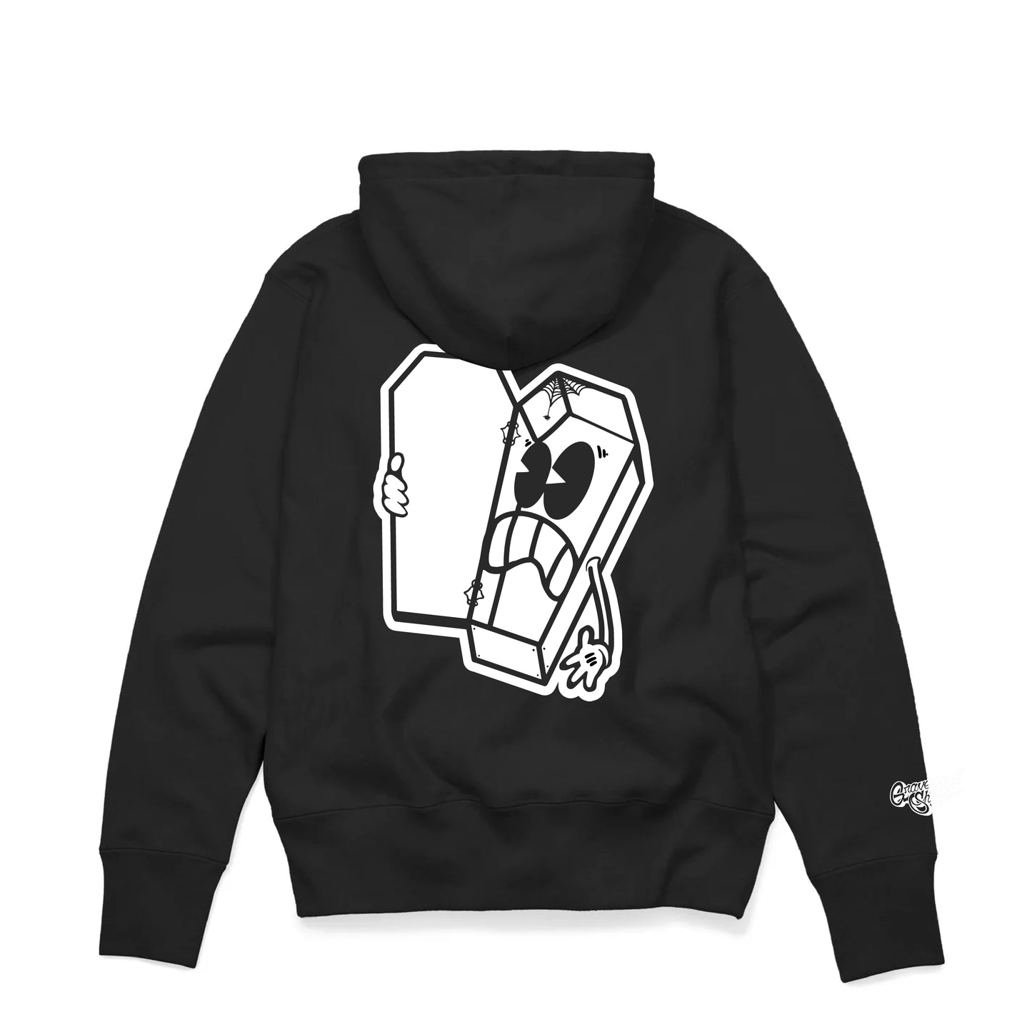 back view, black hoodie, Empty Inside logo, screen printed hoodie, skateboarder hoodie, graffiti artist hoodie, San Francisco Bay Area, hand screen printed, urban streetwear, durable hoodie, street style fashion