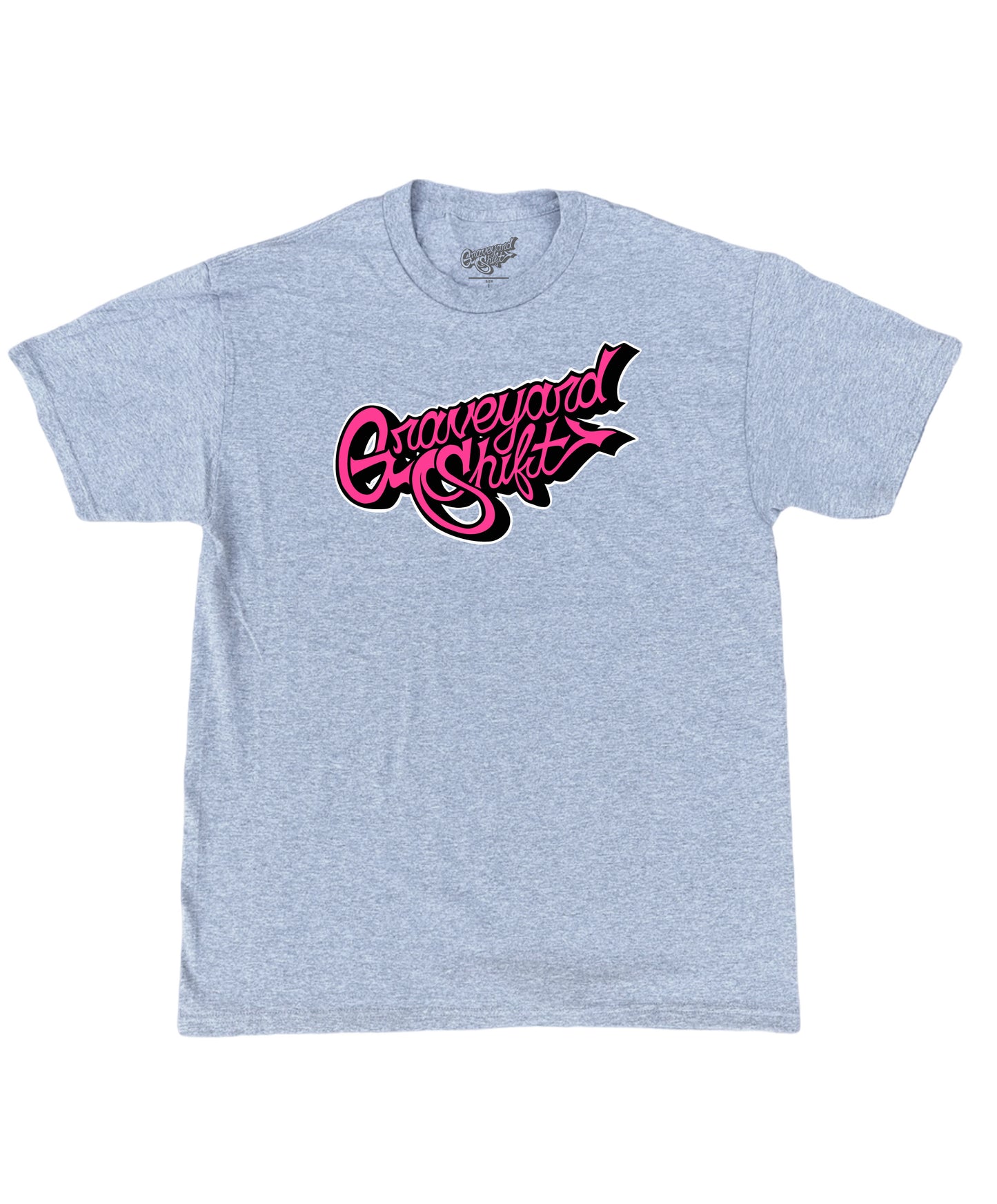 gray t-shirt, Graveyard Shift t-shirt, screen printed t-shirt, skateboarding t-shirt, graffiti artist t-shirt, San Francisco Bay Area t-shirt, hand screen printed tee, urban art clothing, bold pink script t-shirt, durable skateboarding tee