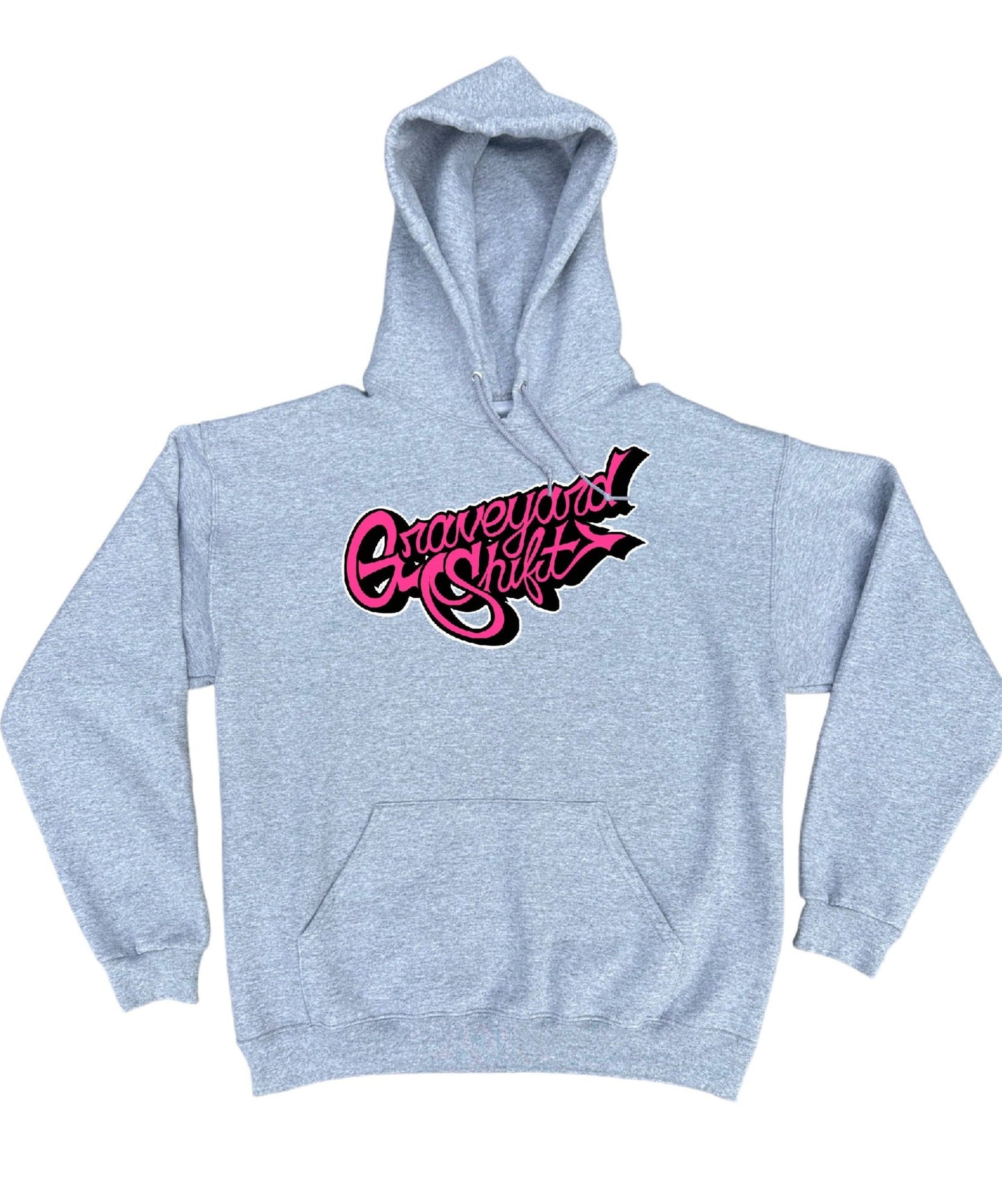 gray hoodie, Graveyard Shift hoodie, screen printed hoodie, skateboarding hoodie, graffiti artist hoodie, San Francisco Bay Area hoodie, hand screen printed hoodie, urban art clothing, pink script logo hoodie, durable skateboarding hoodie