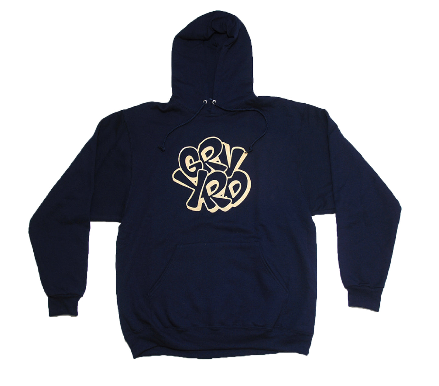 navy blue hoodie, GRYRD hoodie, screen printed hoodie, skateboarding hoodie, graffiti artist hoodie, San Francisco Bay Area hoodie, hand screen printed hoodie, urban art clothing, bold bubble script hoodie, durable skateboarding hoodie
