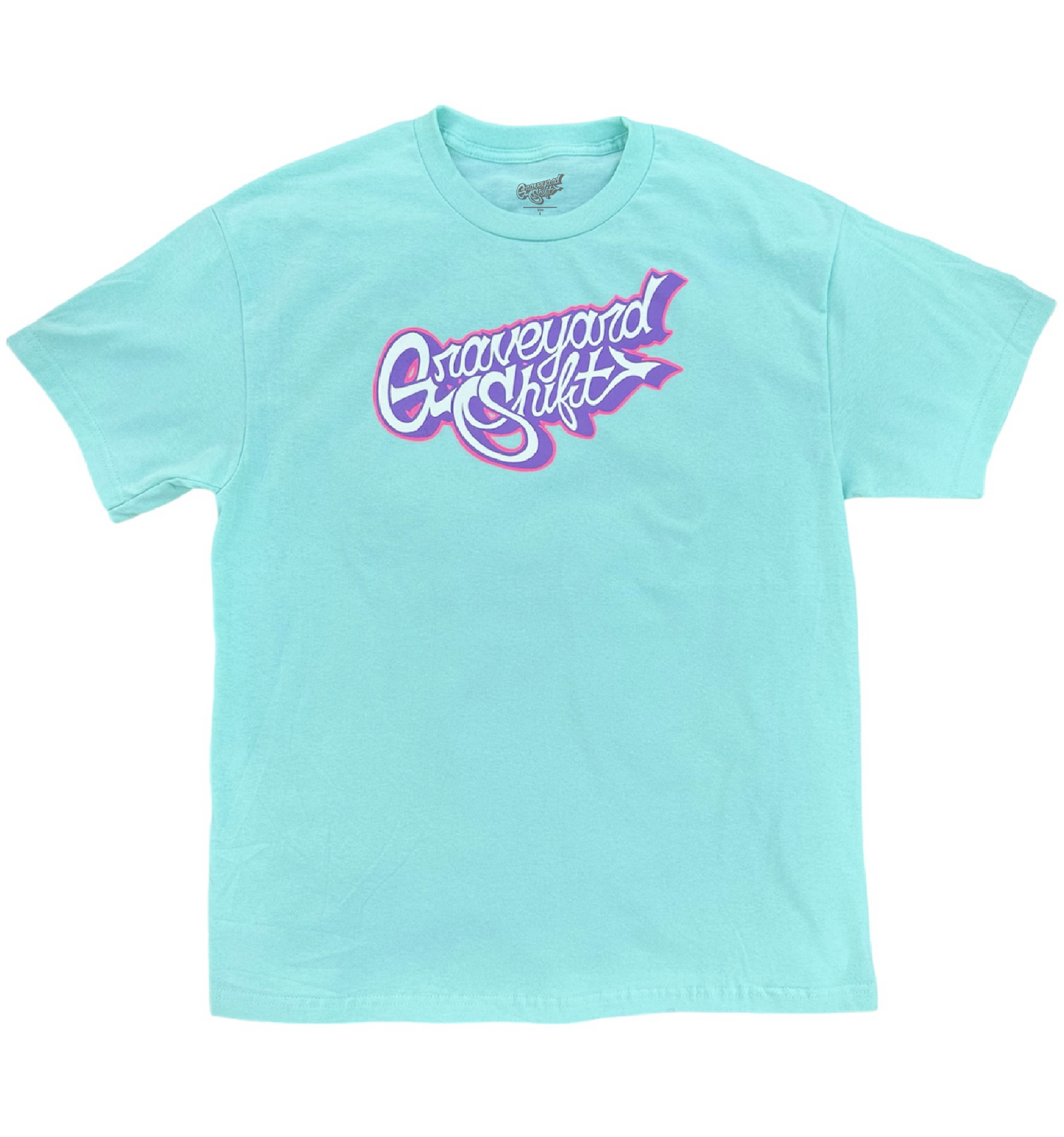 graveyard shift, Graveyard Shift t-shirt, aqua and pink tee, hand screen printed t-shirt, skateboarder apparel, graffiti artist clothing, urban style shirt, skateboarding t-shirt, graphic tee, San Francisco Bay Area clothing, artistic streetwear