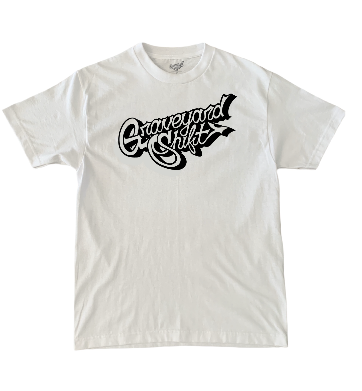 Graveyard Shift T-Shirt, white shirt black logo, Hand Screen Printed Tee, Skateboarder Apparel, Graffiti Artist Clothing, Urban Streetwear, Premium Cotton T-Shirt, Durable Skateboarding Tee, Everyday Casual Wear, Artistic Street Fashion