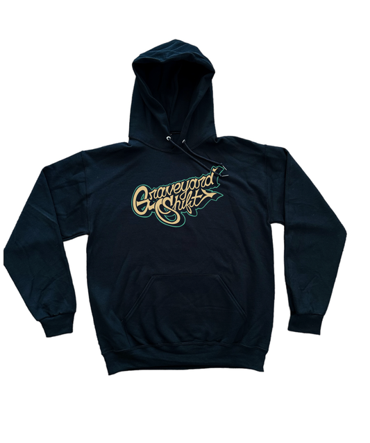  graveyard shift black hoodie, Graveyard Shift hoodie, screen printed hoodie, skateboarding hoodie, graffiti artist hoodie, San Francisco Bay Area hoodie, hand screen printed hoodie, urban art clothing, bold gold script hoodie, durable skateboarding hoodie