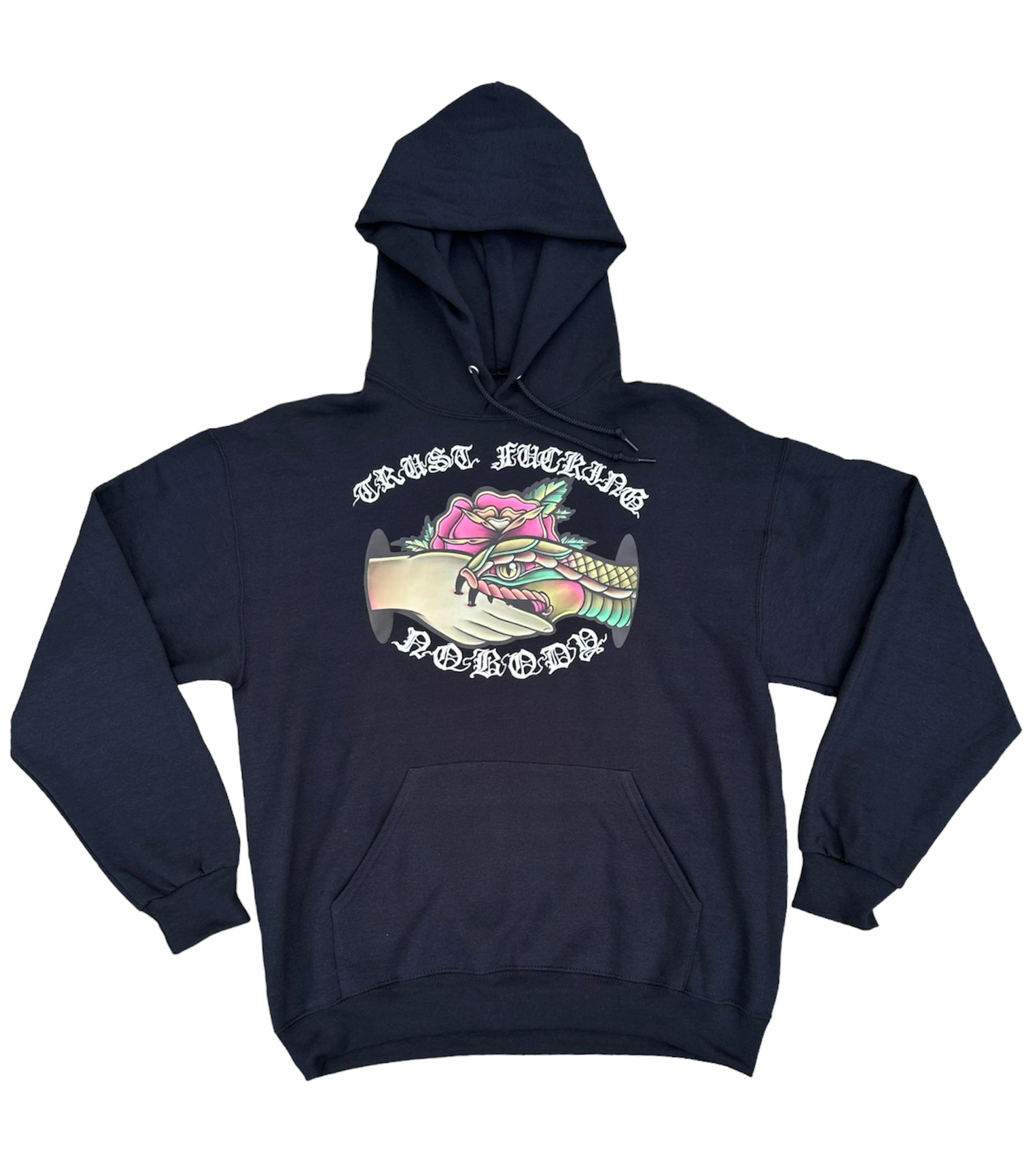 graveyard shift, black hoodie, screen printed hoodie, Trust No One hoodie, tattoo design hoodie, snake and rose hoodie, San Francisco Bay Area hoodie, hand screen printed hoodie, urban art clothing, skateboarder hoodie, graffiti artist hoodie