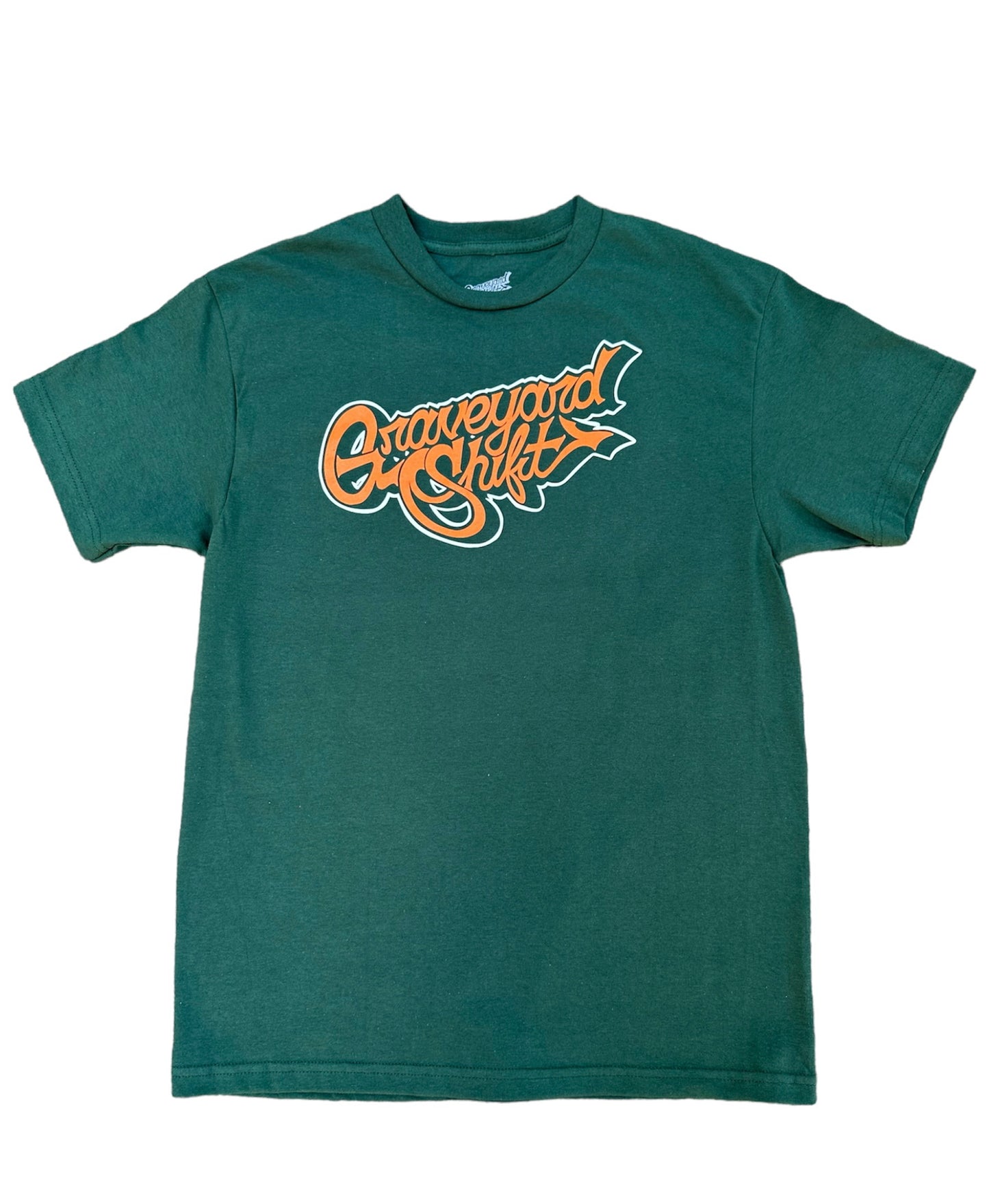  green t-shirt, Graveyard Shift t-shirt, screen printed t-shirt, skateboarding t-shirt, graffiti artist t-shirt, San Francisco Bay Area t-shirt, hand screen printed tee, urban art clothing, orange and white script t-shirt, durable skateboarding tee