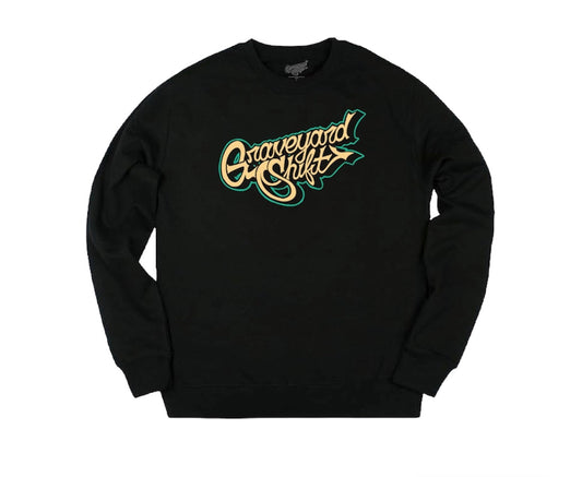 black crewneck, Graveyard Shift crewneck, screen printed crewneck, skateboarding crewneck, graffiti artist crewneck, San Francisco Bay Area crewneck, hand screen printed sweatshirt, urban art clothing, khaki script logo crewneck, durable skateboarding crewneck