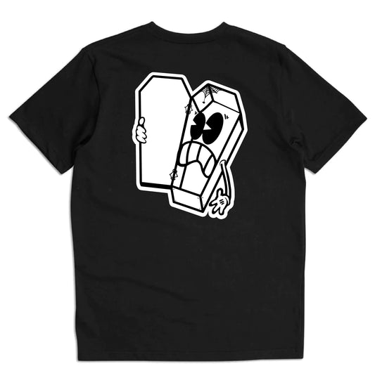 graveyard shift, back view, black t-shirt, Empty Inside t-shirt, screen printed t-shirt, skateboarding t-shirt, graffiti artist t-shirt, San Francisco Bay Area t-shirt, hand screen printed tee, urban art clothing, minimalist design t-shirt, durable skateboarding tee