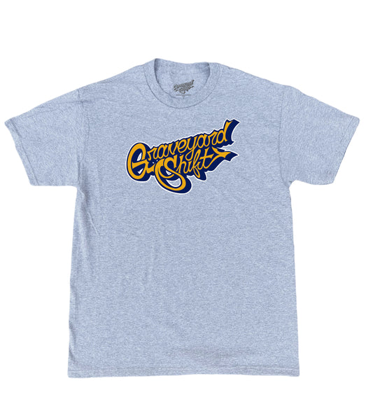  gray t-shirt, Graveyard Shift t-shirt, screen printed t-shirt, skateboarding t-shirt, graffiti artist t-shirt, San Francisco Bay Area t-shirt, hand screen printed tee, urban art clothing, blue and gold script t-shirt, durable skateboarding tee