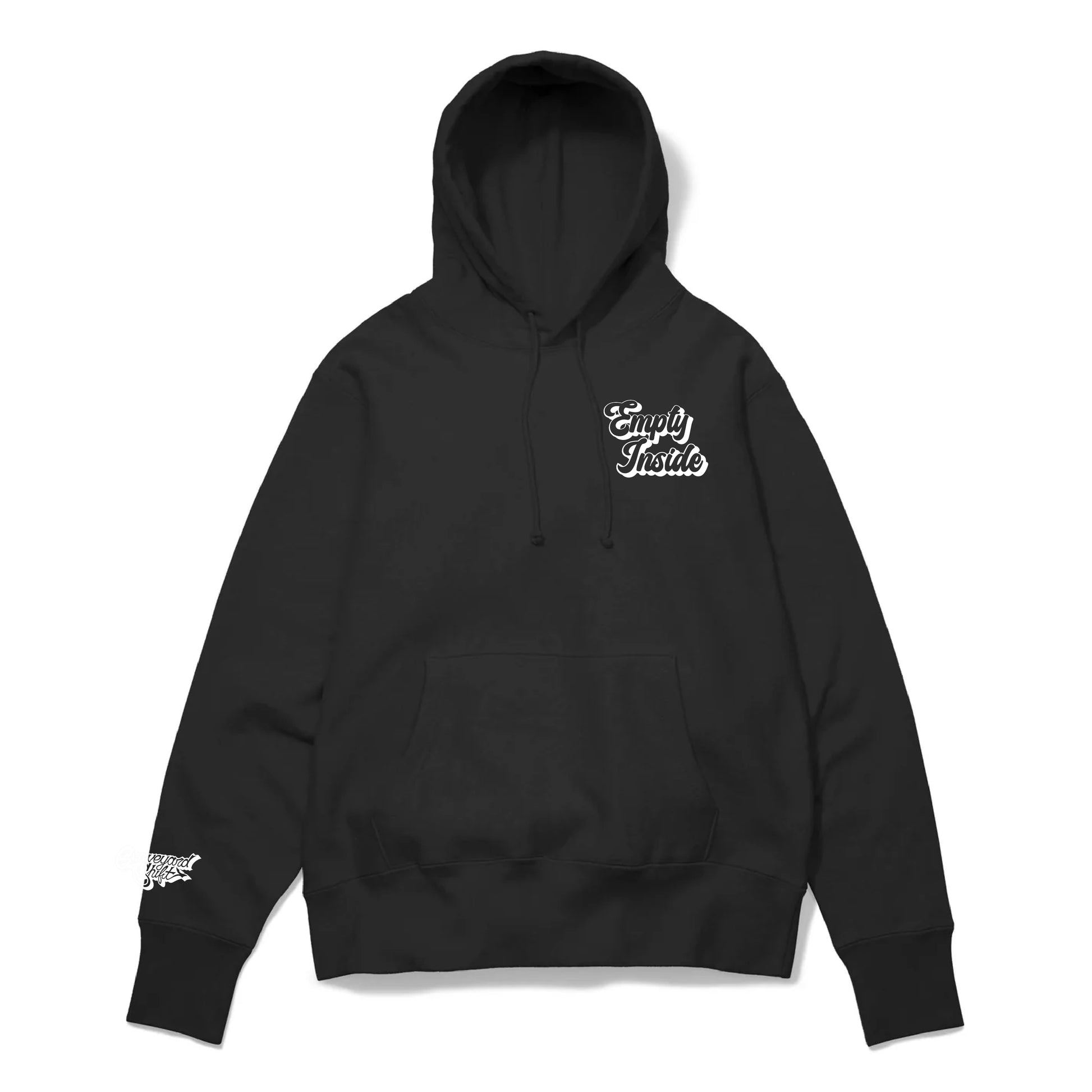 front view , black hoodie, Empty Inside logo, screen printed hoodie, skateboarder hoodie, graffiti artist hoodie, San Francisco Bay Area, hand screen printed, urban streetwear, durable hoodie, street style fashion