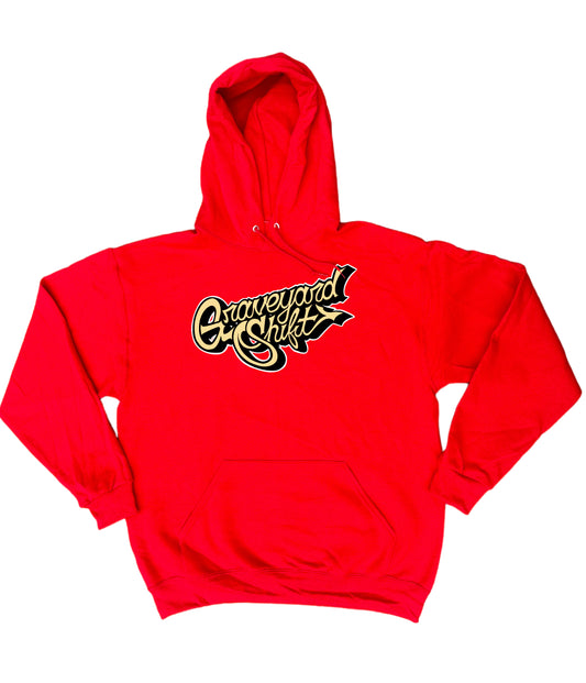  red hoodie, Graveyard Shift hoodie, screen printed hoodie, skateboarding hoodie, graffiti artist hoodie, San Francisco Bay Area hoodie, hand screen printed hoodie, urban art clothing, bold script logo hoodie, durable skateboarding hoodie