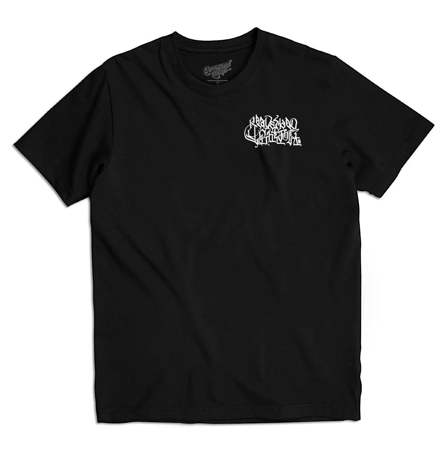 black t-shirt, Graveyard Shift t-shirt, screen printed t-shirt, skateboarding t-shirt, graffiti artist t-shirt, San Francisco Bay Area t-shirt, hand screen printed tee, urban art clothing, gothic script logo t-shirt, durable skateboarding tee