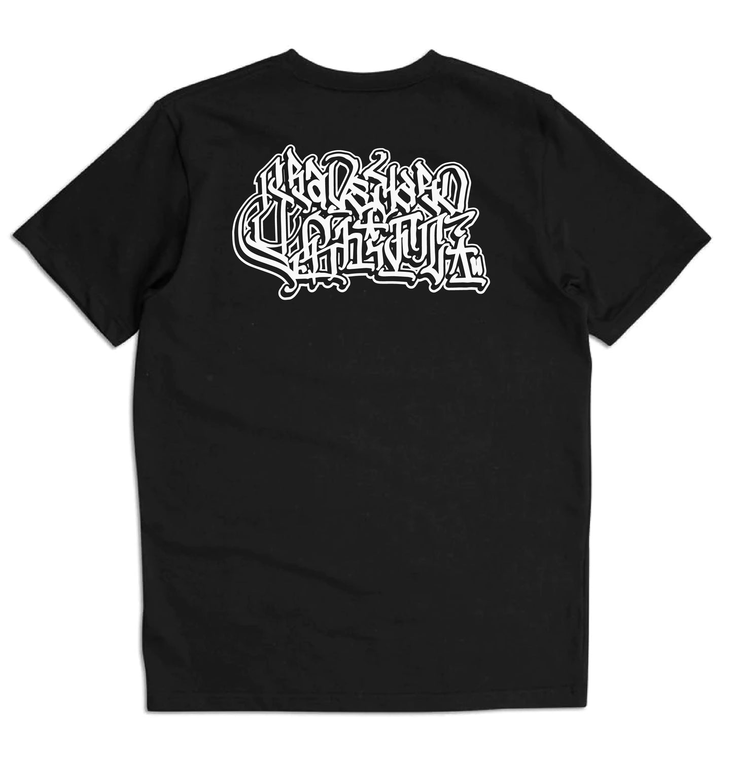 back view, black t-shirt, Graveyard Shift t-shirt, screen printed t-shirt, skateboarding t-shirt, graffiti artist t-shirt, San Francisco Bay Area t-shirt, hand screen printed tee, urban art clothing, gothic script logo t-shirt, durable skateboarding tee