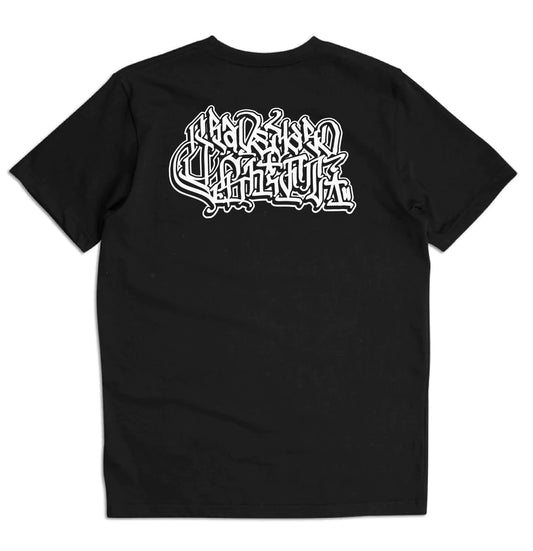 back view, black t-shirt, Graveyard Shift t-shirt, screen printed t-shirt, skateboarding t-shirt, graffiti artist t-shirt, San Francisco Bay Area t-shirt, hand screen printed tee, urban art clothing, gothic script logo t-shirt, durable skateboarding tee