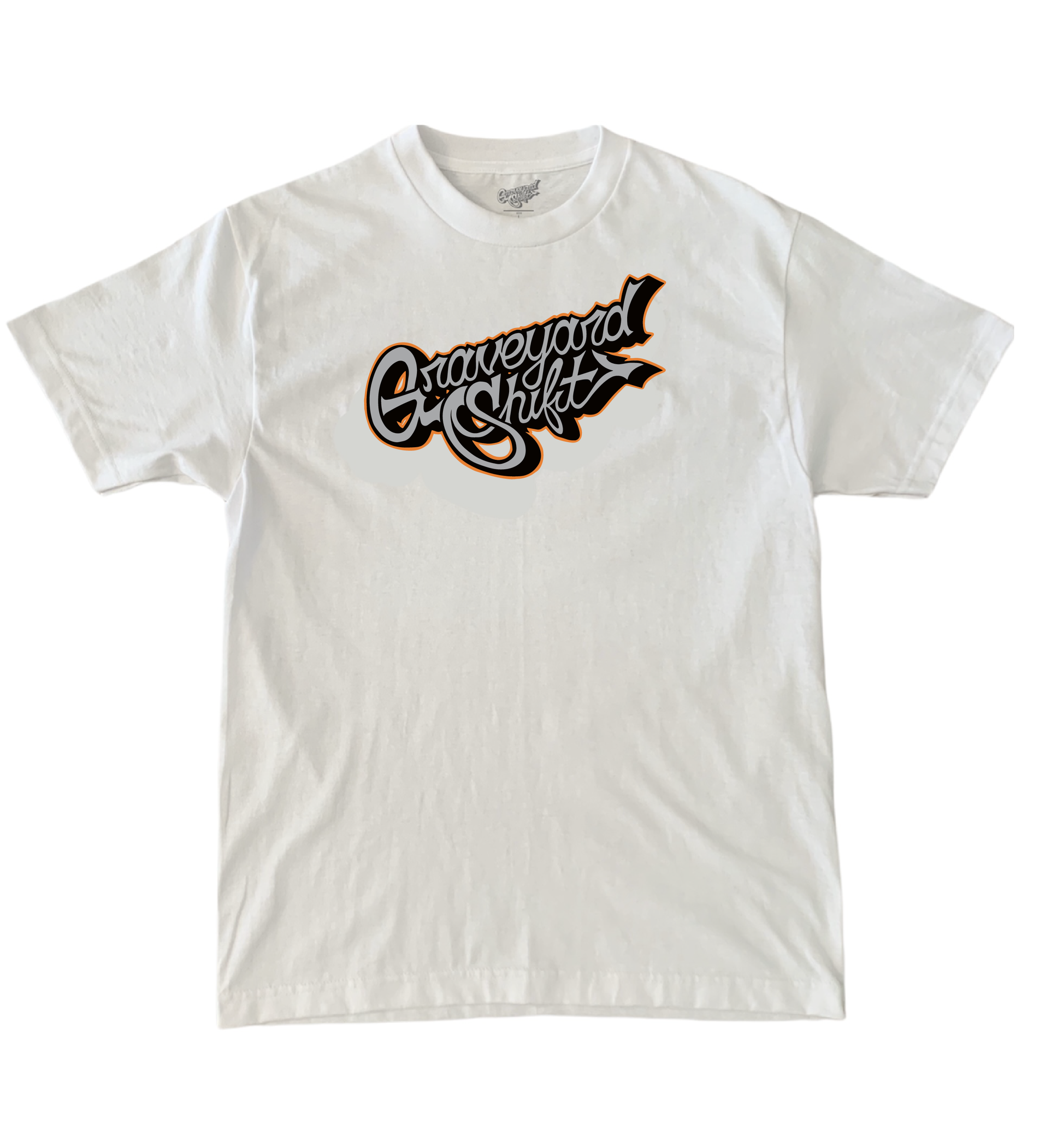 white t-shirt, Graveyard Shift t-shirt, screen printed t-shirt, skateboarding t-shirt, graffiti artist t-shirt, San Francisco Bay Area t-shirt, hand screen printed tee, urban art clothing, bold gold script t-shirt, durable skateboarding tee