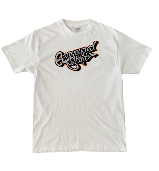 white t-shirt, Graveyard Shift t-shirt, screen printed t-shirt, skateboarding t-shirt, graffiti artist t-shirt, San Francisco Bay Area t-shirt, hand screen printed tee, urban art clothing, bold gold script t-shirt, durable skateboarding tee