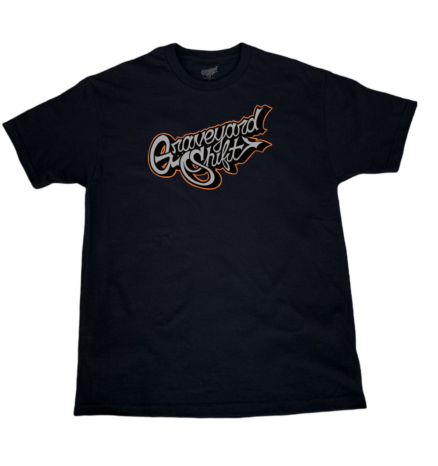 black t-shirt, Graveyard Shift t-shirt, screen printed t-shirt, skateboarding t-shirt, graffiti artist t-shirt, San Francisco Bay Area t-shirt, hand screen printed tee, urban art clothing, bold gold script t-shirt, durable skateboarding tee