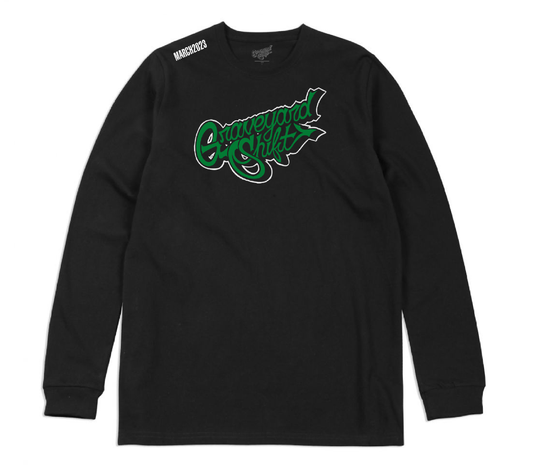  black long sleeve shirt, Graveyard Shift long sleeve, screen printed long sleeve, skateboarding long sleeve, graffiti artist shirt, San Francisco Bay Area long sleeve, hand screen printed shirt, urban art clothing, skateboarding apparel, streetwear long sleeve, graffiti clothing, artistic long sleeve design, high-quality cotton long sleeve, durable long sleeve for skaters, stylish skateboarding shirt, unique long sleeve design, premium streetwear, bold green script logo