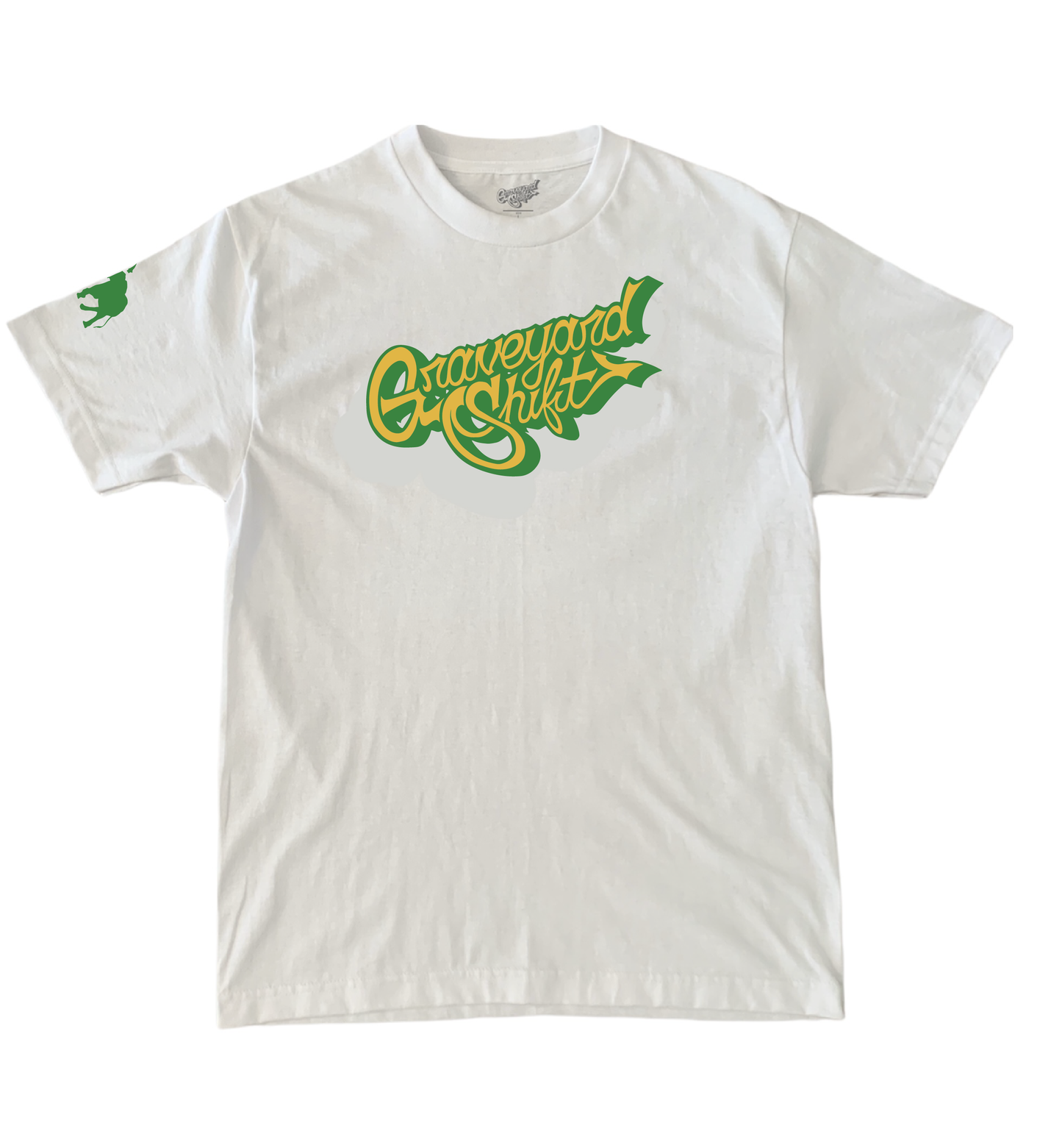Graveyard Shift t-shirt, Hand screen printed tee, Skateboarder apparel, Graffiti artist clothing, Urban streetwear, Green and yellow logo shirt, San Francisco Bay Area print, Durable skateboarding shirt, Casual street style, Artistic design t-shirt, graveyard shift, front view picture