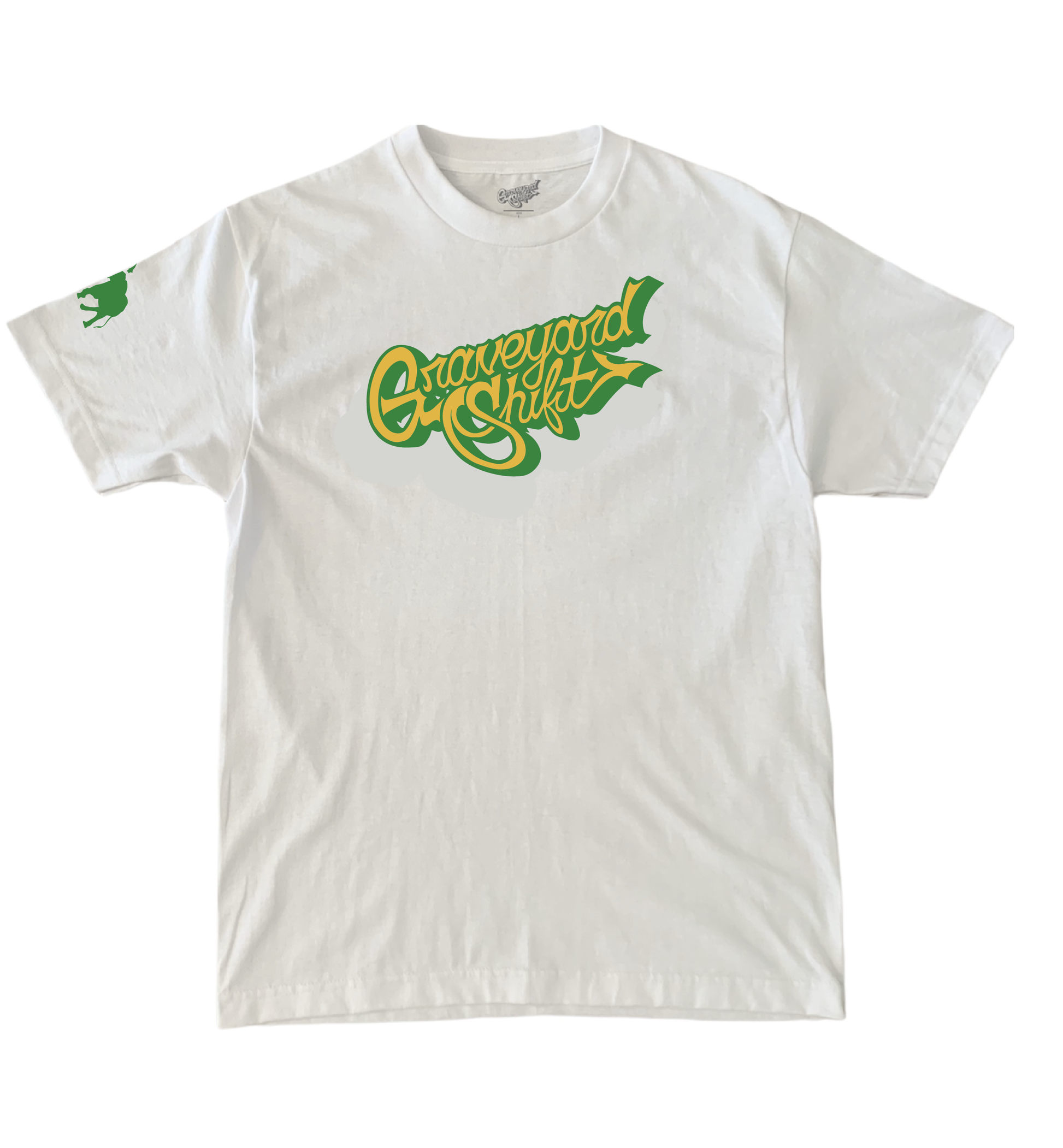 Graveyard Shift t-shirt, Hand screen printed tee, Skateboarder apparel, Graffiti artist clothing, Urban streetwear, Green and yellow logo shirt, San Francisco Bay Area print, Durable skateboarding shirt, Casual street style, Artistic design t-shirt, graveyard shift, front view picture